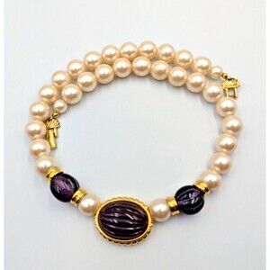 Vintage Richelieu Faux Pearl Purple Color Carved Cabochon Necklace 18"